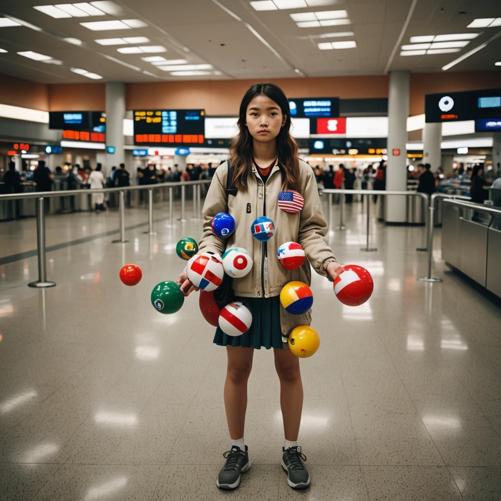 Woman Holding Cultural Balls at Airport: Cinematic Still