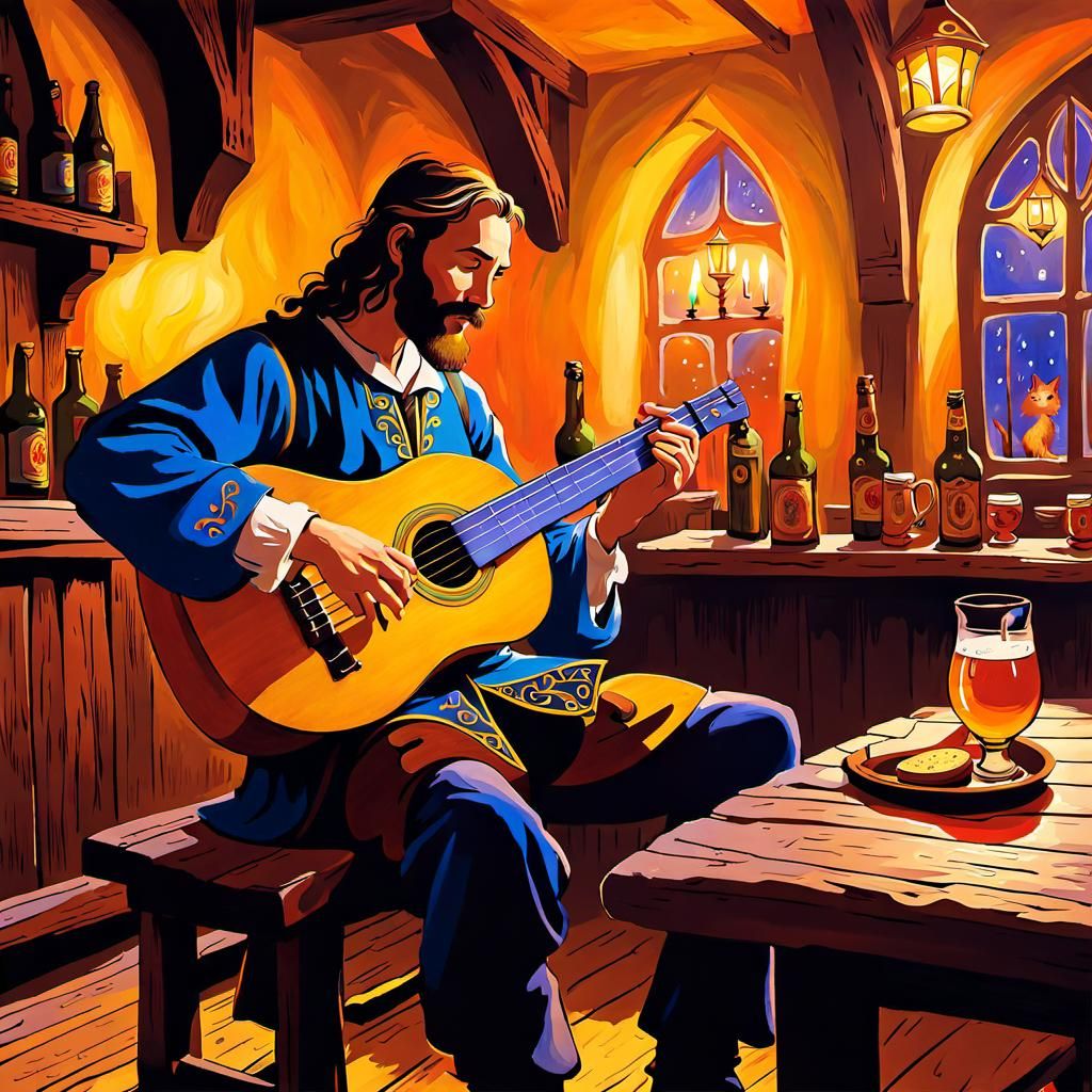 Elvish Bard in German Tavern: Fauvist Illustration