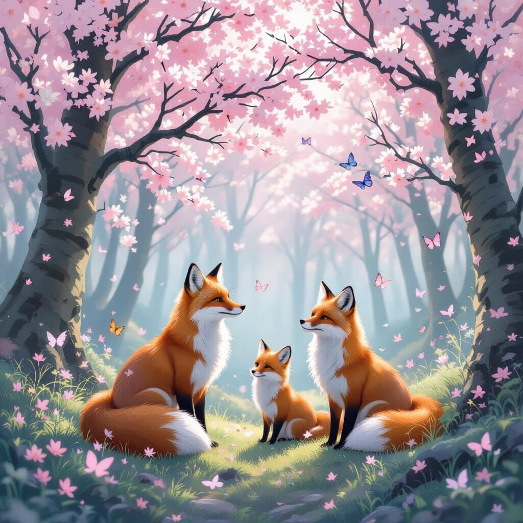 Fox Family Amongst Luminous Cherry Blossoms