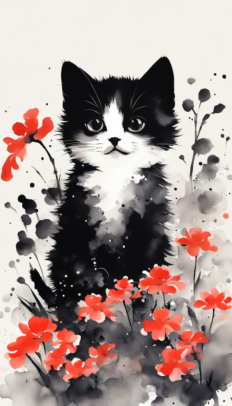 Minimalist Kitten Playing with Flowers in Ink