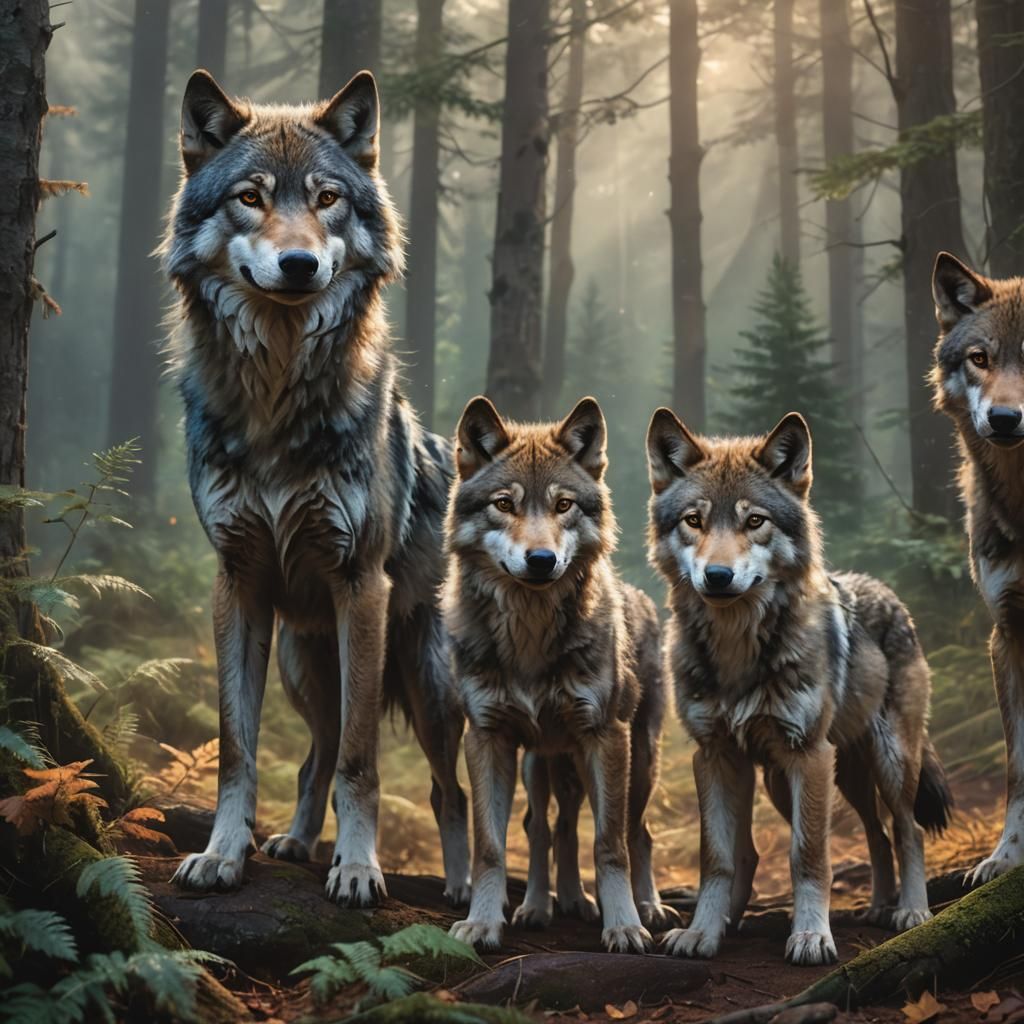 Fantasy Wolves Protecting Cubs in Luminous Forest