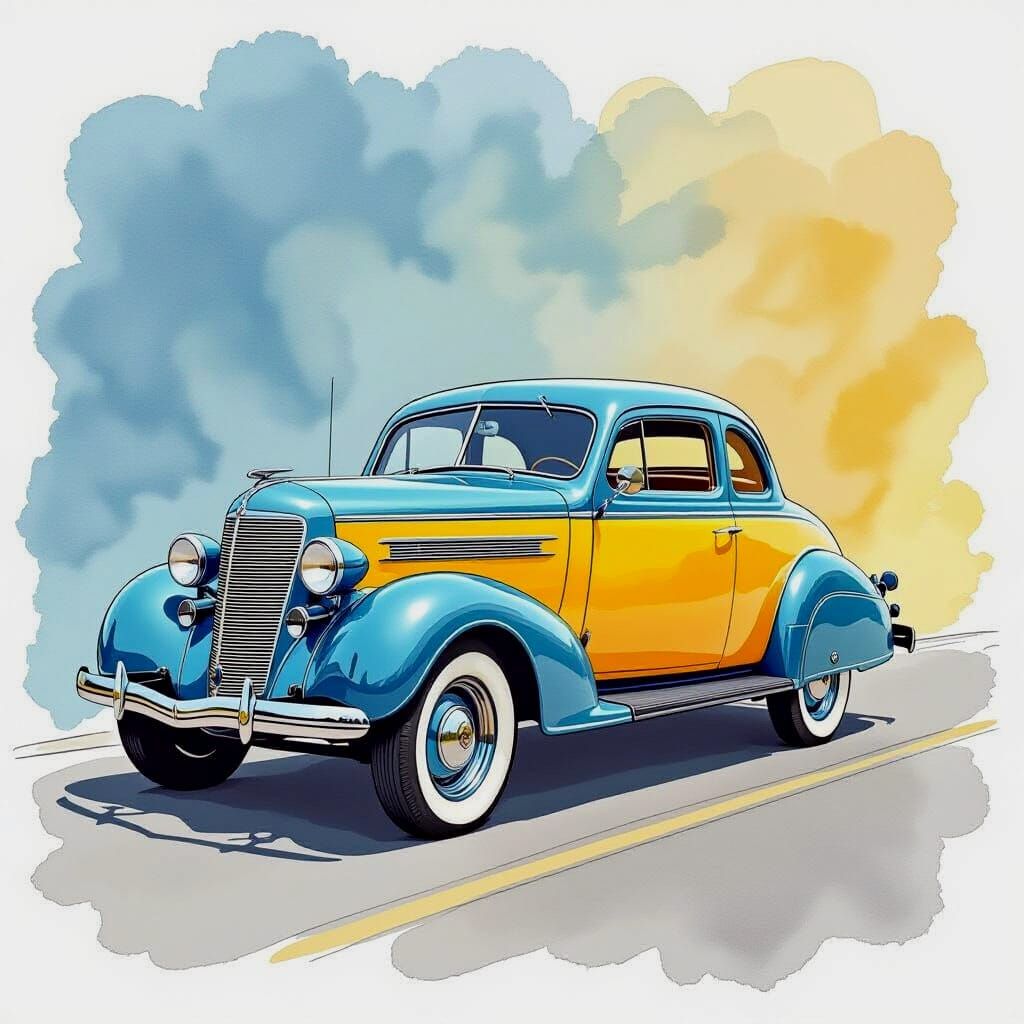 1936 Chevrolet Master 85 Line Drawing with Watercolor Wash