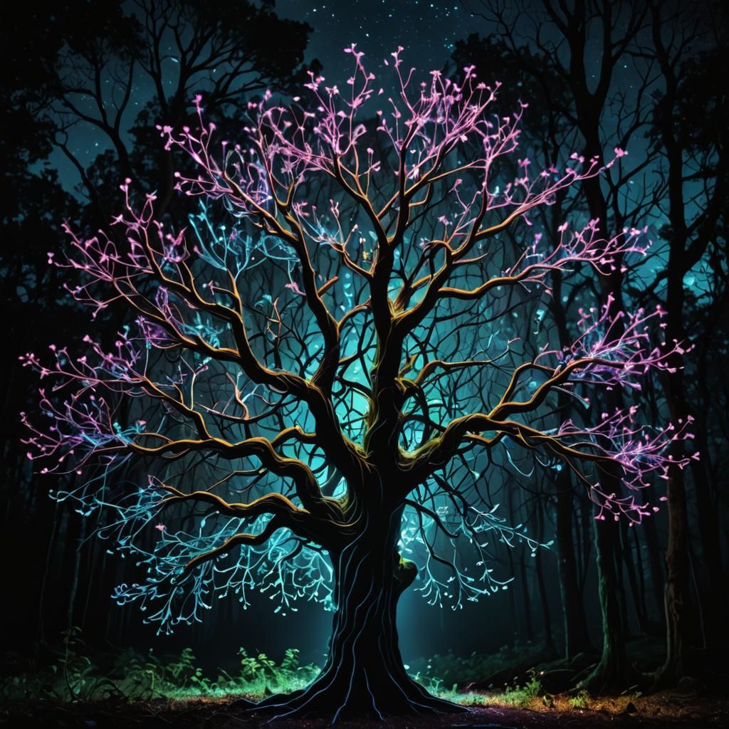 Luminous Fibre Optic Tree in Dark Forest