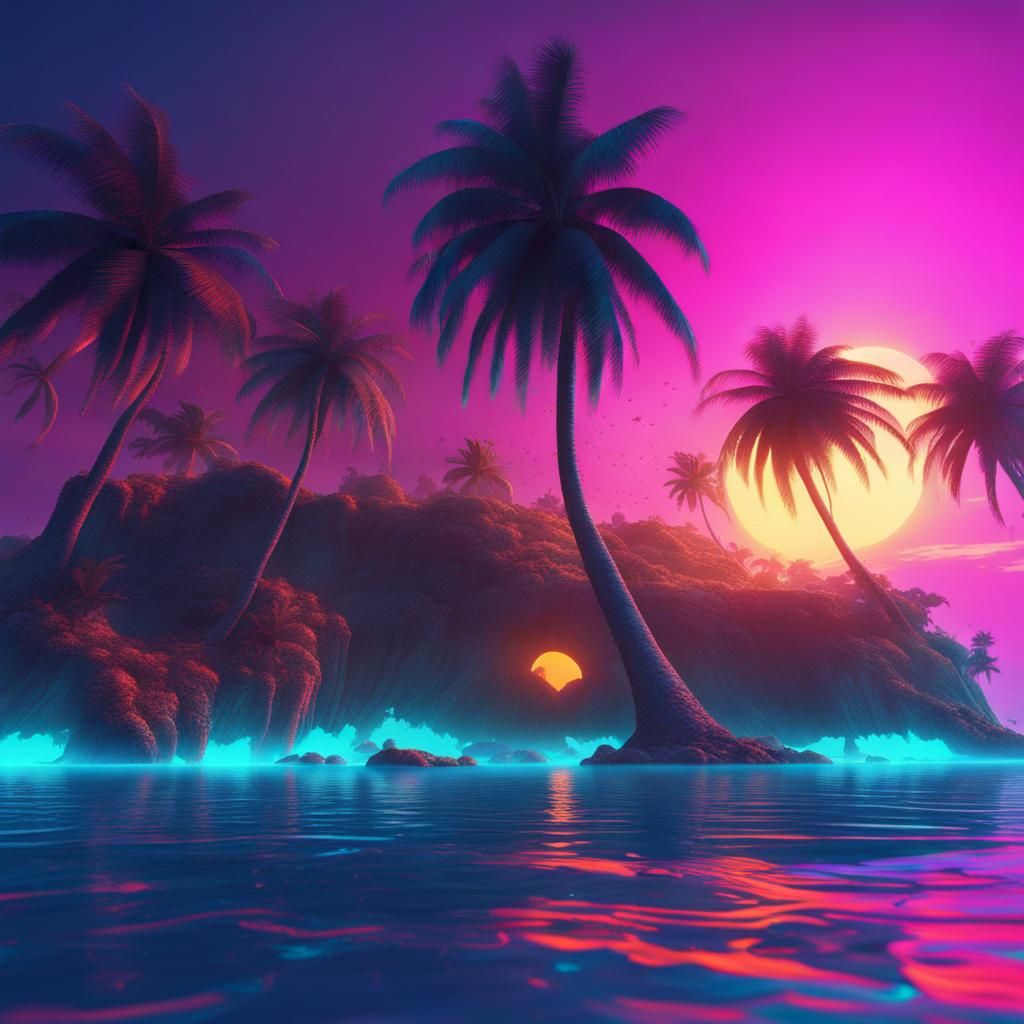 Neon Tropical Sunset Island Art
