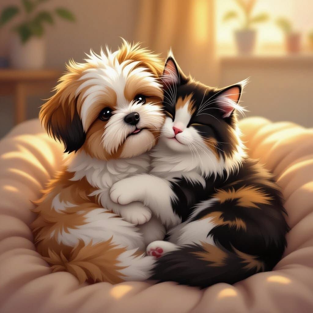 Adorable Shitzu Cuddles With Cat