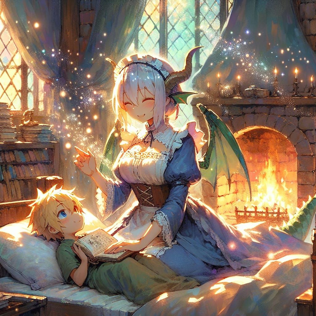 Dragon Maid Reading to Boy, Impasto Painting