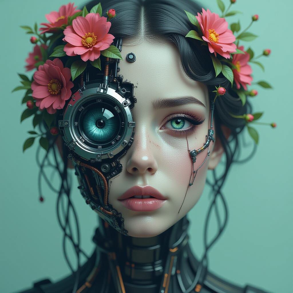 Surreal Biomechanical Portrait with Floral Accents