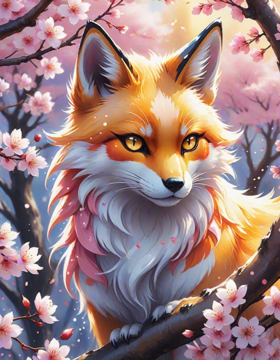 Kitsune in Cherry Blossoms: Anime Watercolor Art