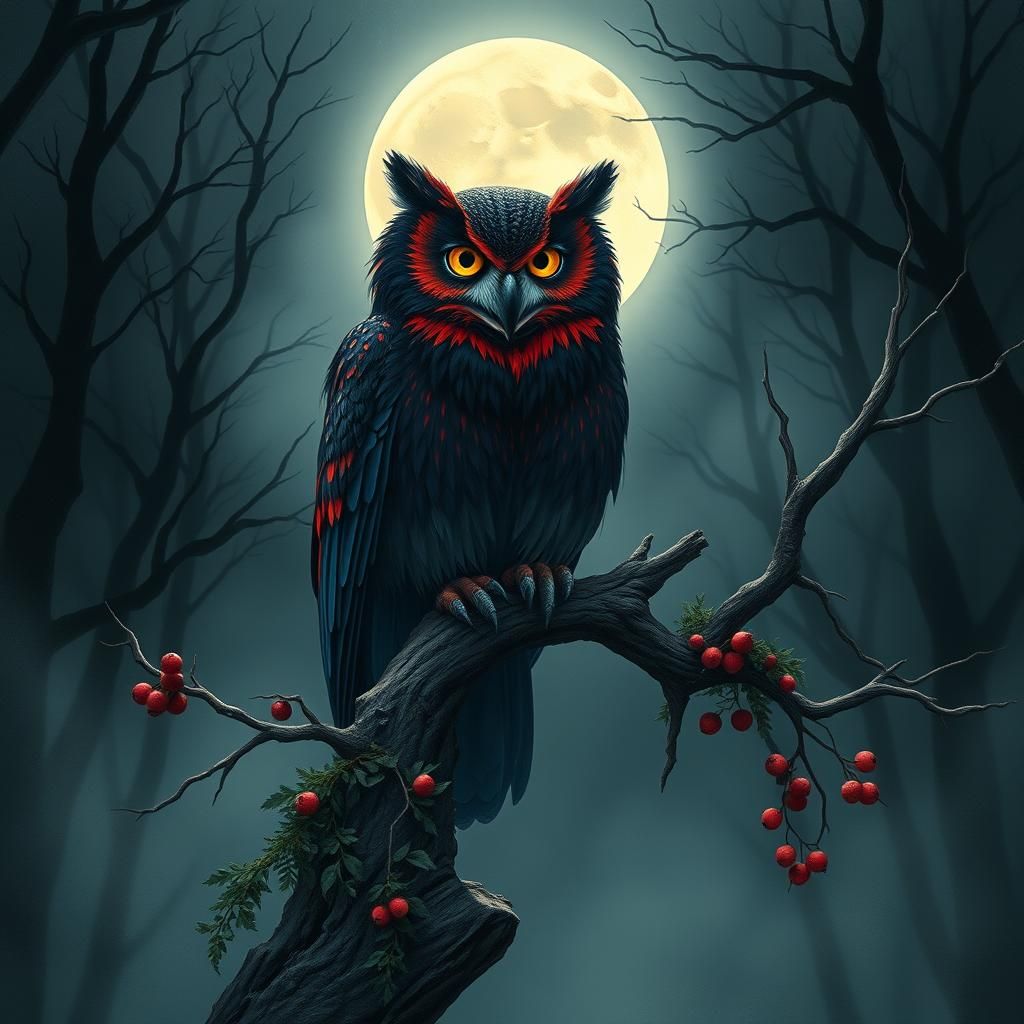 Midnight Owl with Fangs in Dark Fantasy Style