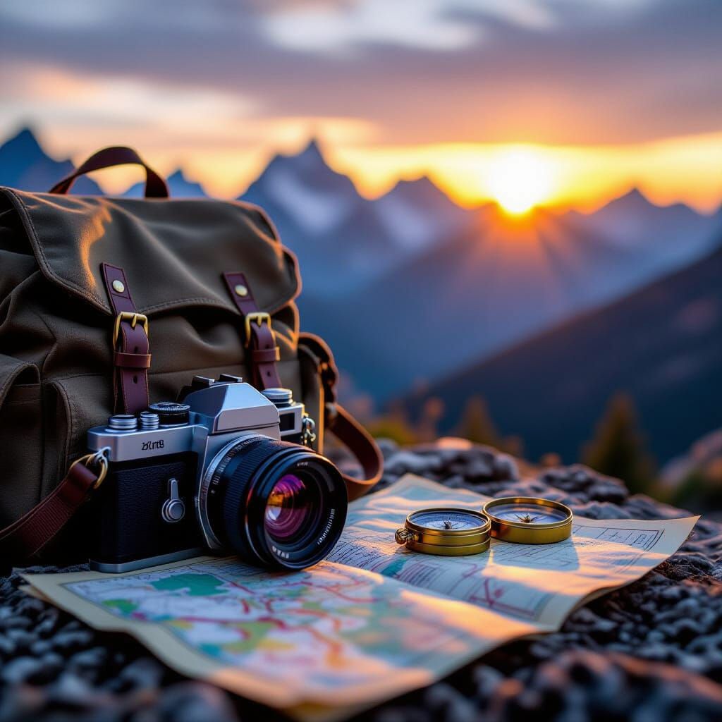 Vintage Camera and Travel Gear at Sunset