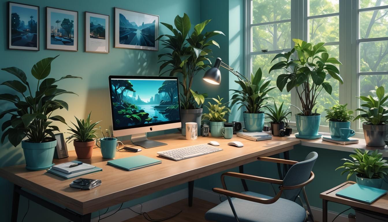 Minimalist Home Office Setup in Digital Art Style