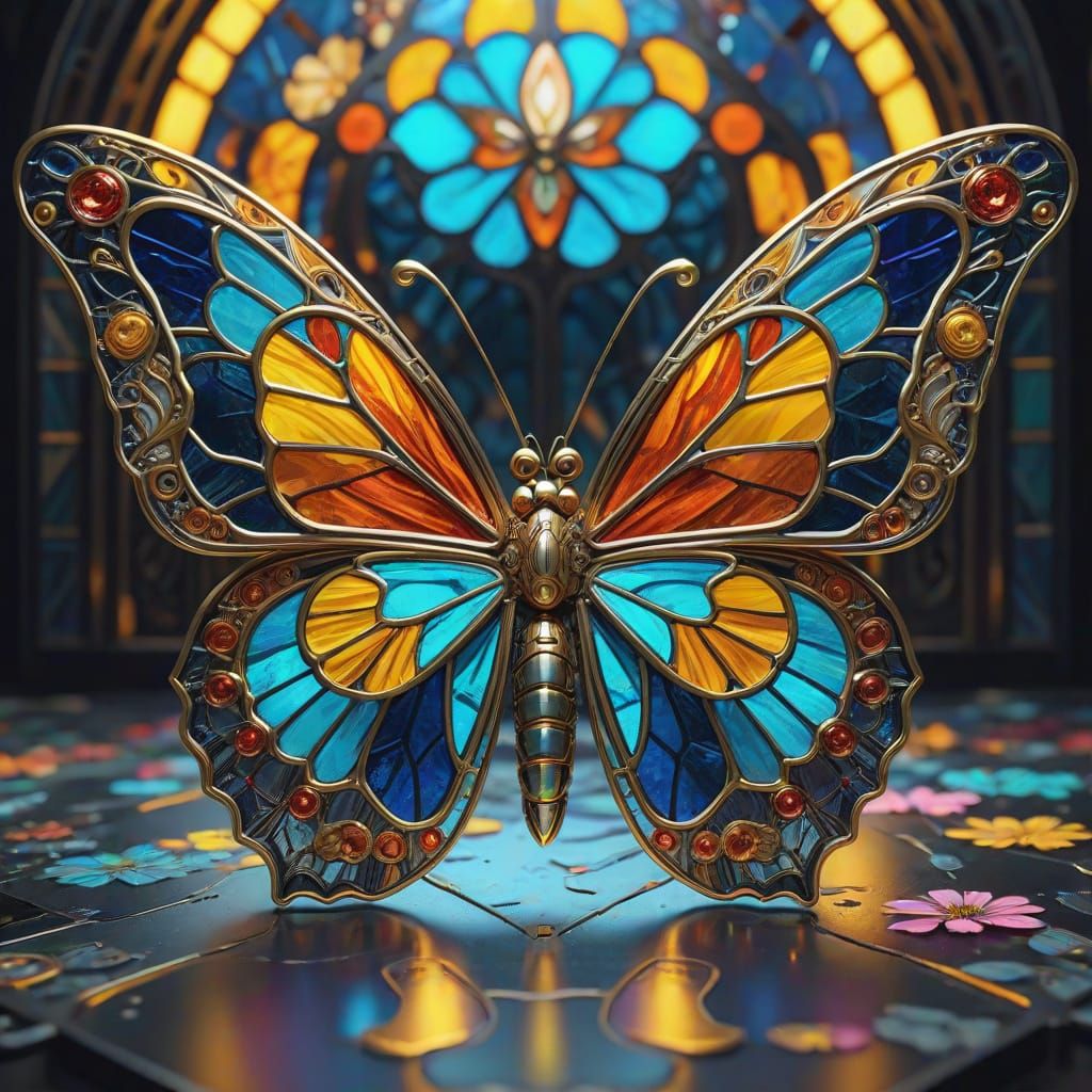 Golden Butterfly on Neon Flower in Cyberpunk Style