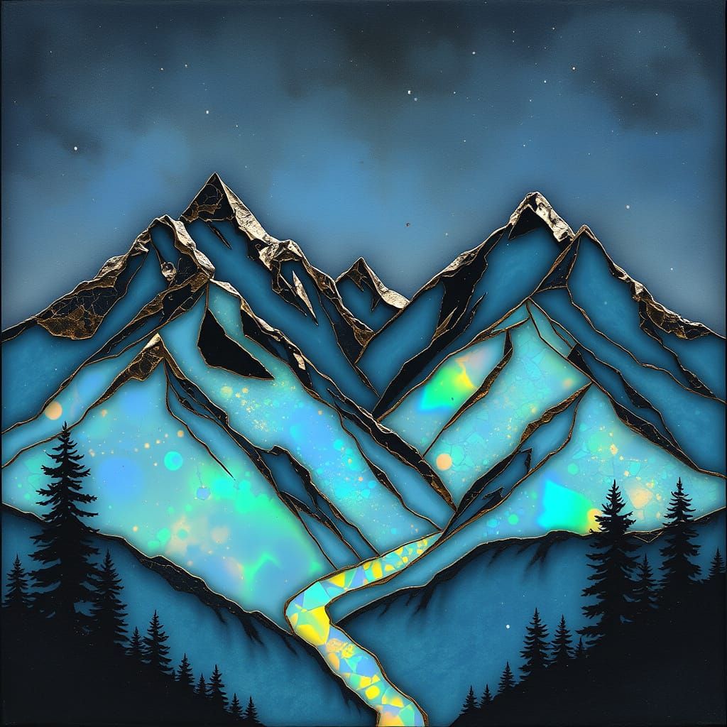 Mountains mixed media opalescent kintsugi