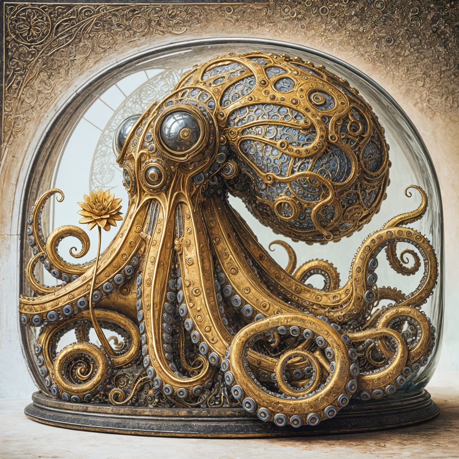 Steampunk Octopus Robot in Embossed Oil Painting