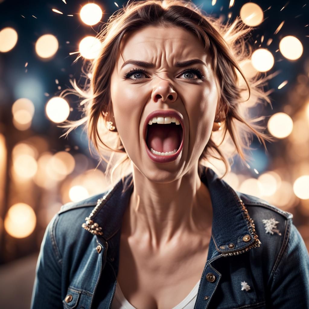 Hyperrealistic Portrait of Screaming Woman in Intense Detail