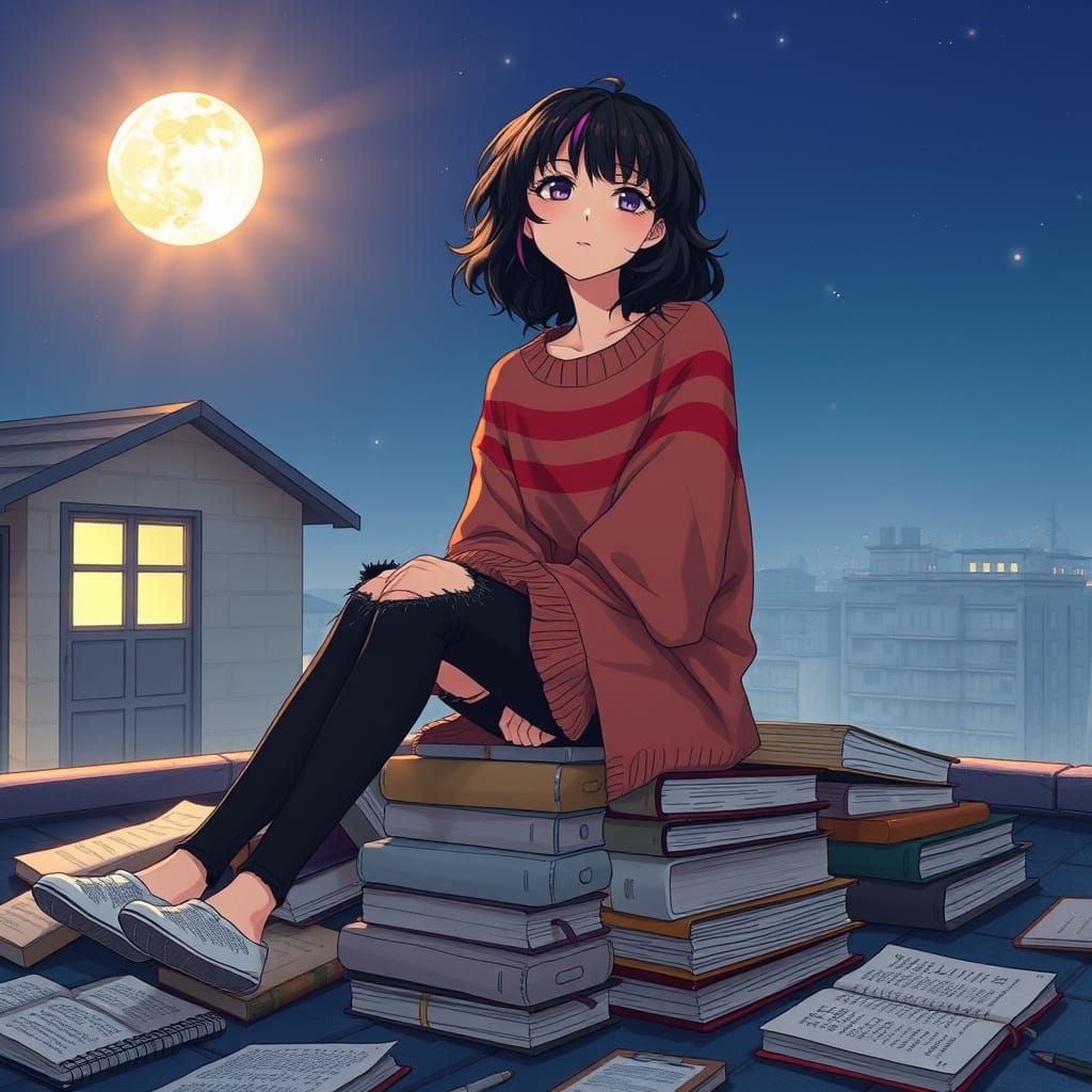 Young Emo Woman in Anime Style Gazing at the Moon