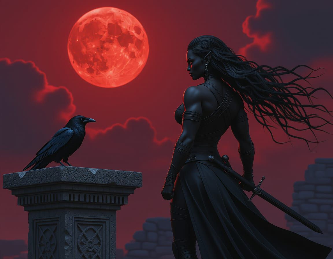 Drow Warrior Maiden Beside Stone Altar