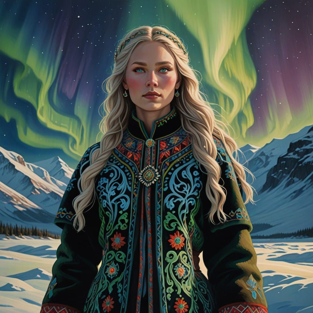 Ethereal Saami Princess with Aurora Borealis Backdrop