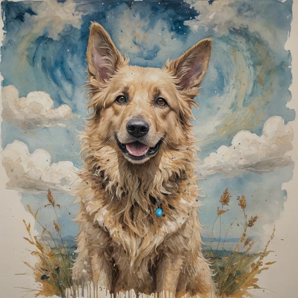 Golden Shepherd Impasto Art with Whimsical Sky