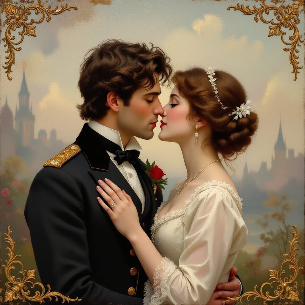 Victorian Romance: Love's First Kiss in Soft Oil Paint