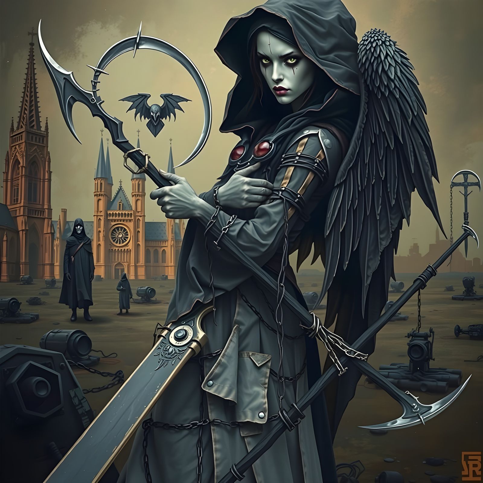 Mysterious Mortality Figure in Dark Gothic Landscape