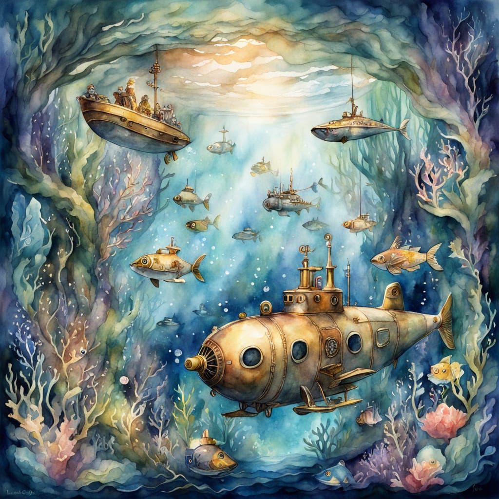 Enchanting Underwater Scene with Submarines in Watercolor