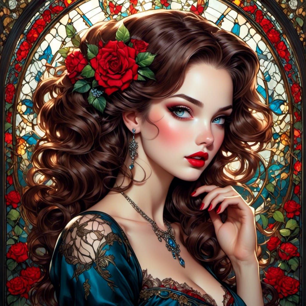 Stained Glass Woman in Pin-Up Style