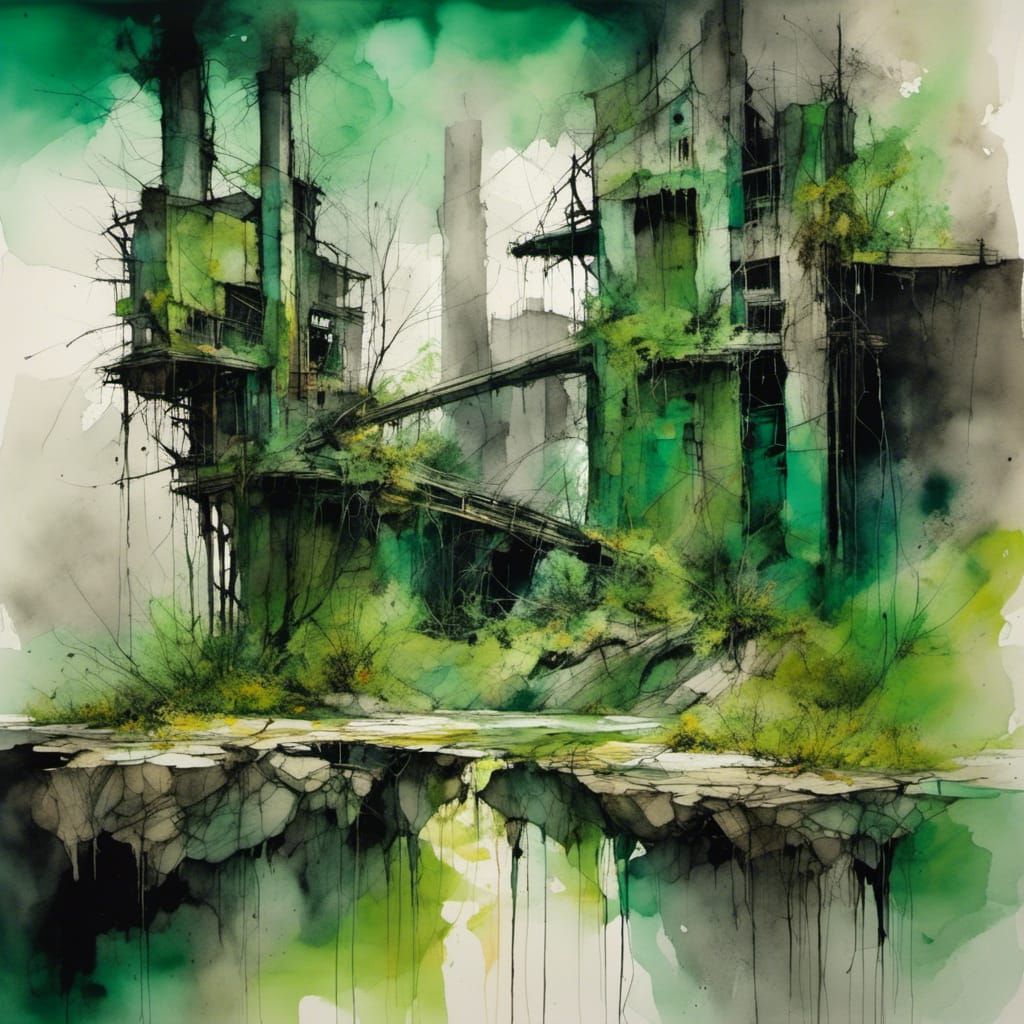 Abandoned Industrial Complex: Watercolor and Ink