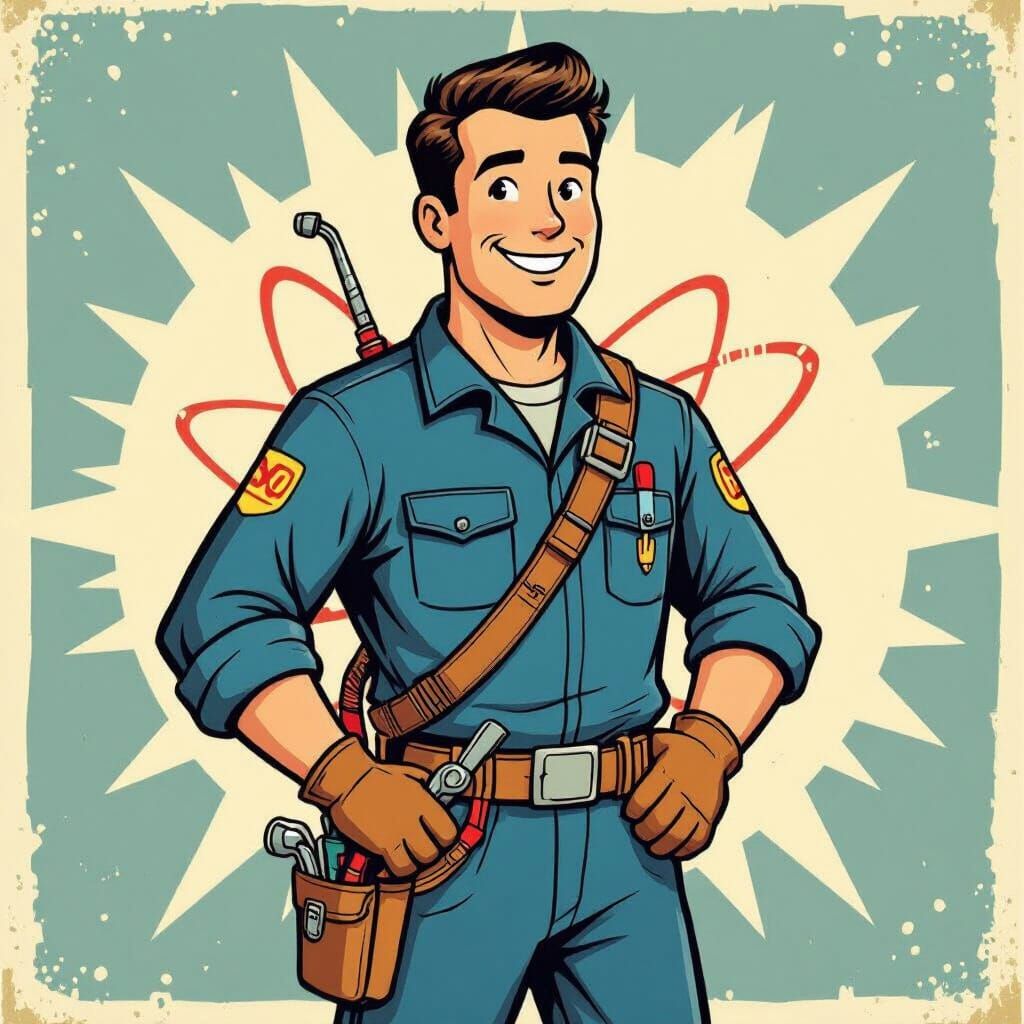 Vault Boy Telecom Tech in Retro Atomic Style