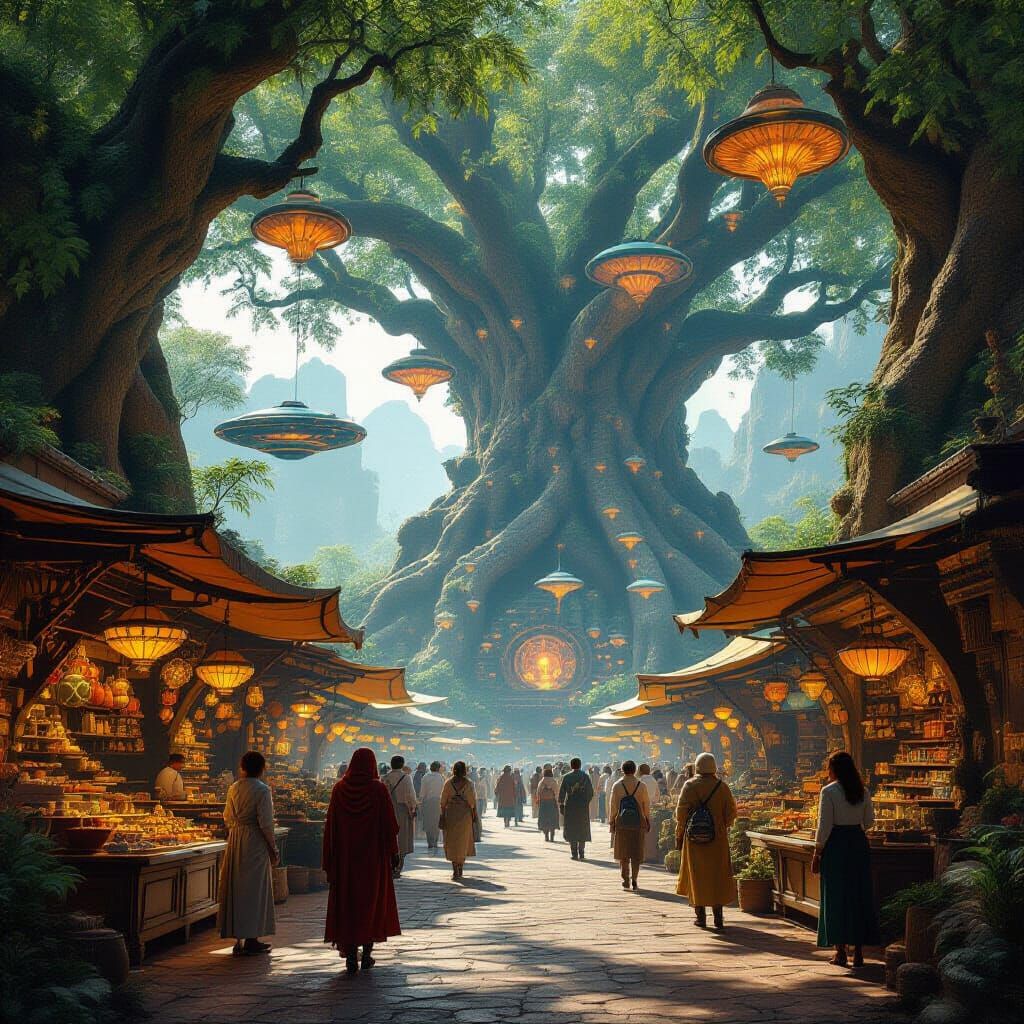 Futuristic Tree City Marketplace with Holographic Trinkets