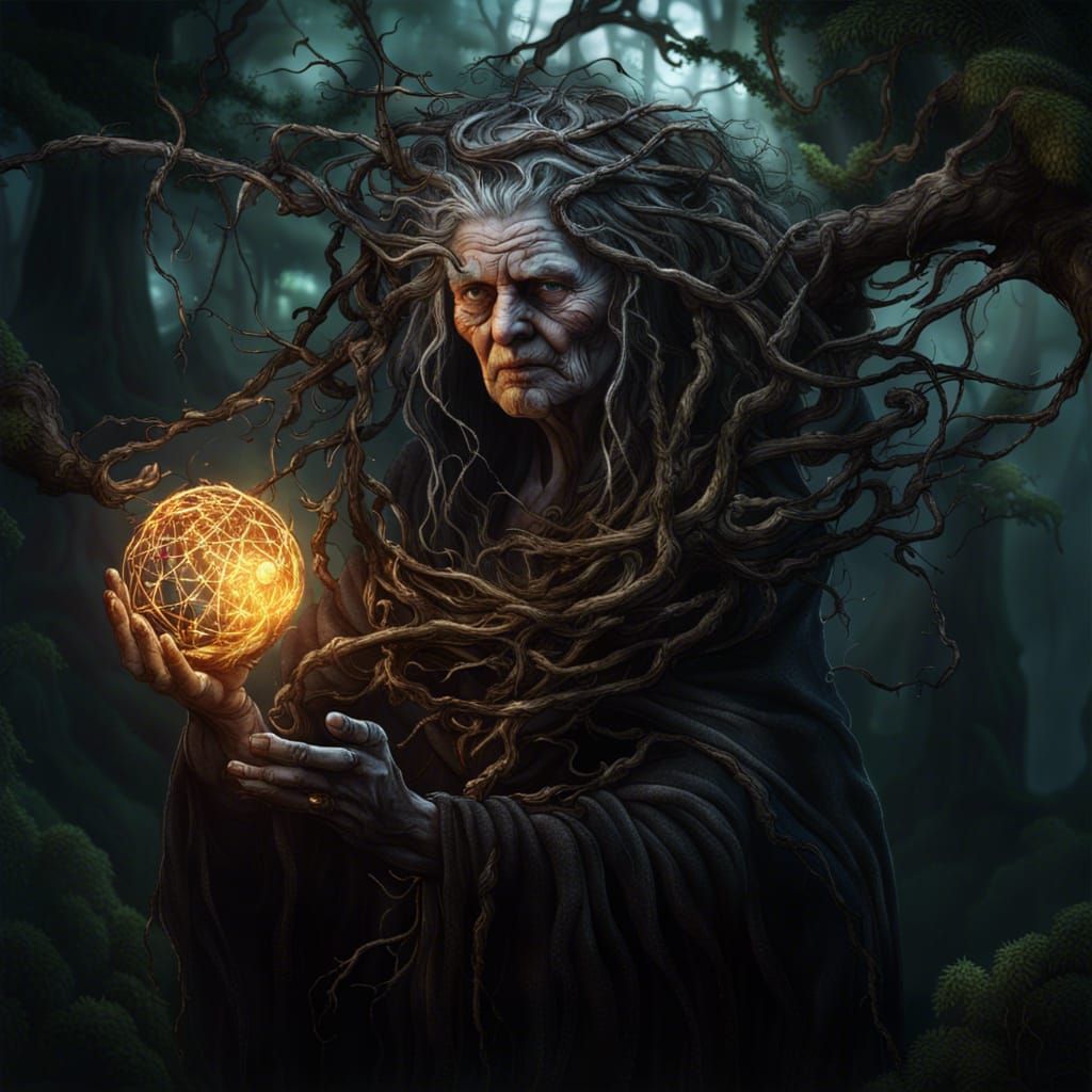 Entwined Crone Conjures Elements: Dark Fantasy Art