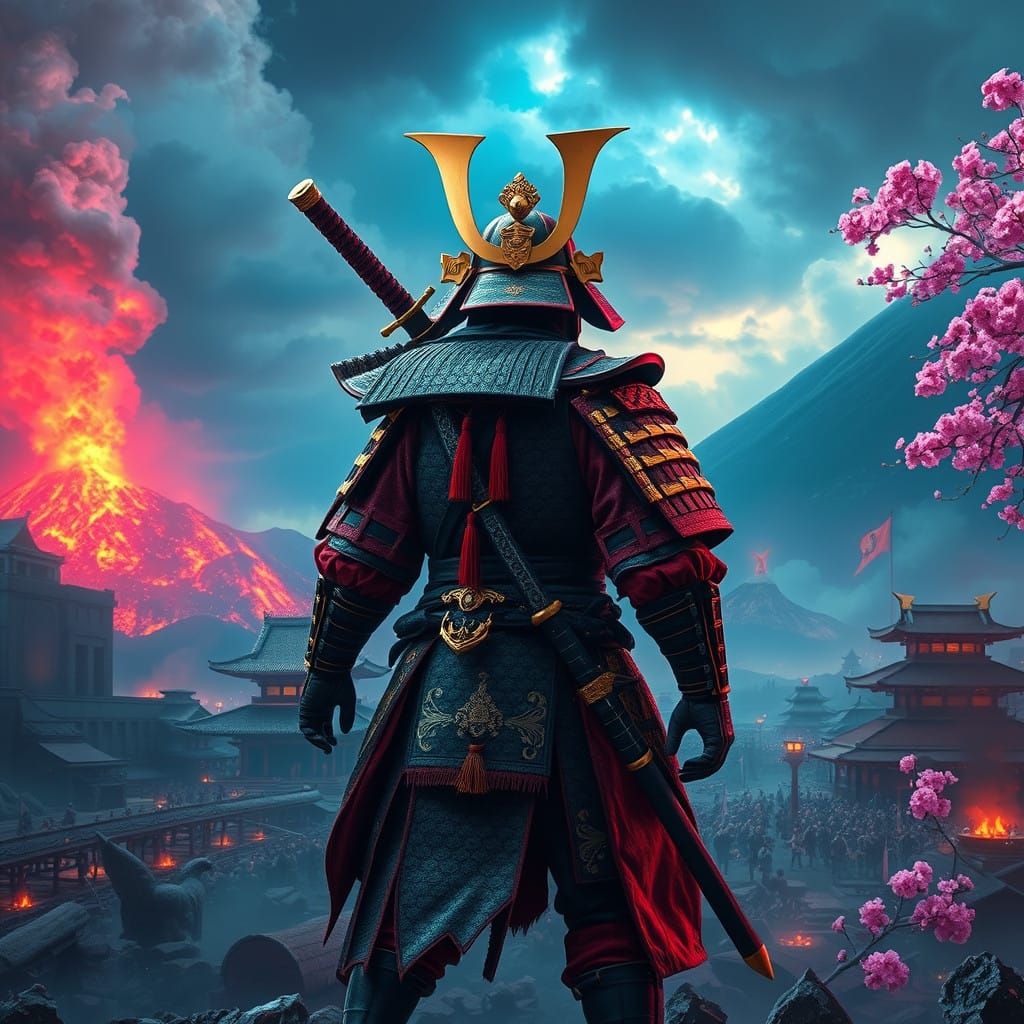 Victorious Samurai in a Futuristic, Ancient Japanese Landsca...