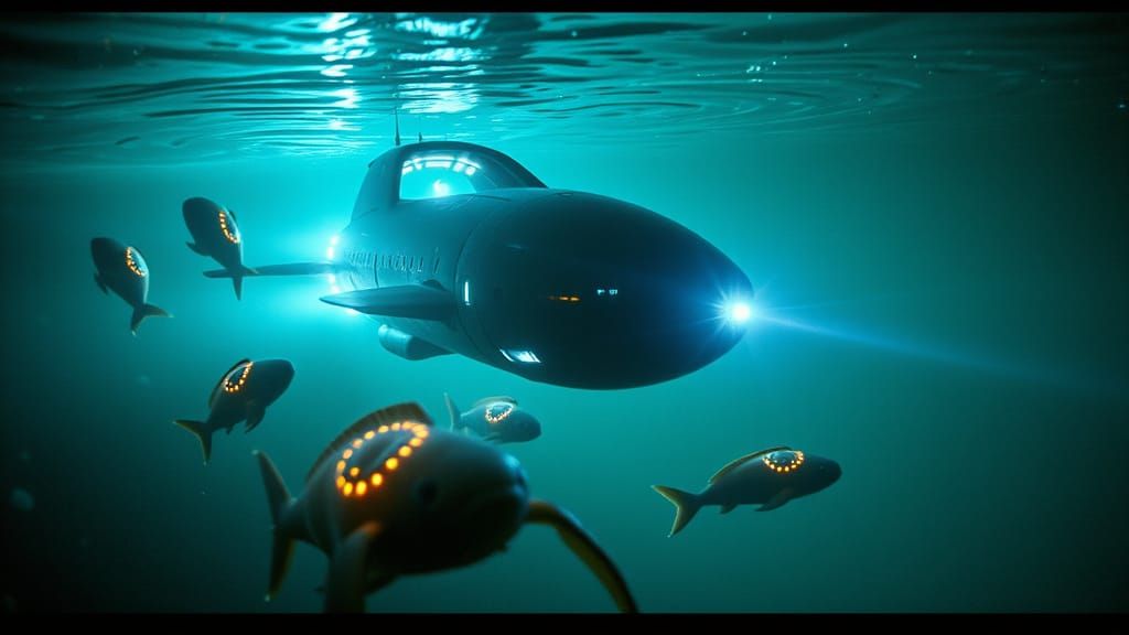 Sci-Fi Submarine in Bioluminescent Ocean