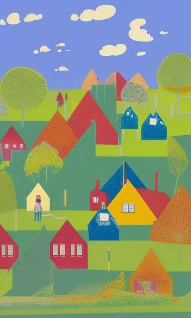 Whimsical English Village on a Hill, Retro Art