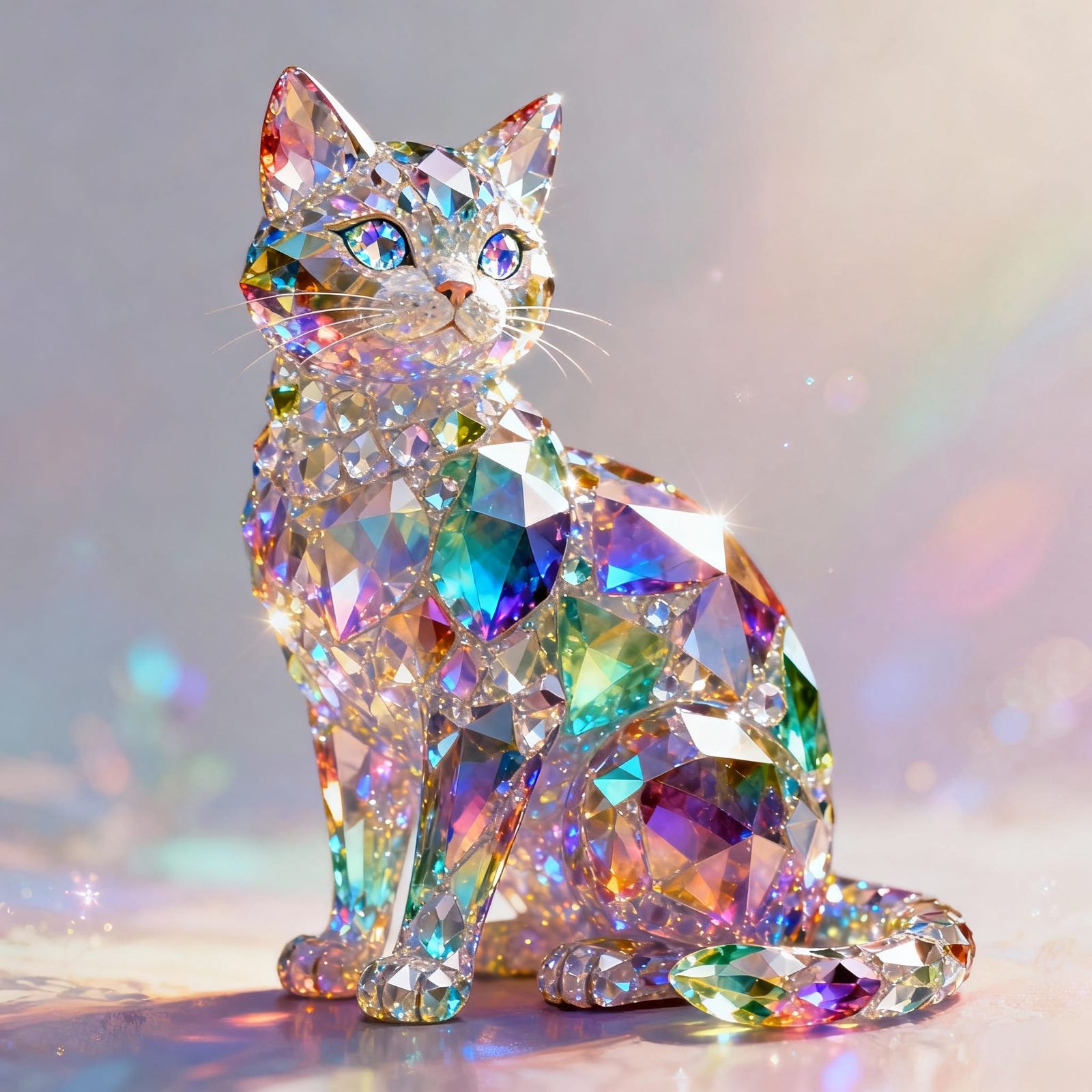 Rainbow Gemstone Cat Sculpture with Luminous Textures
