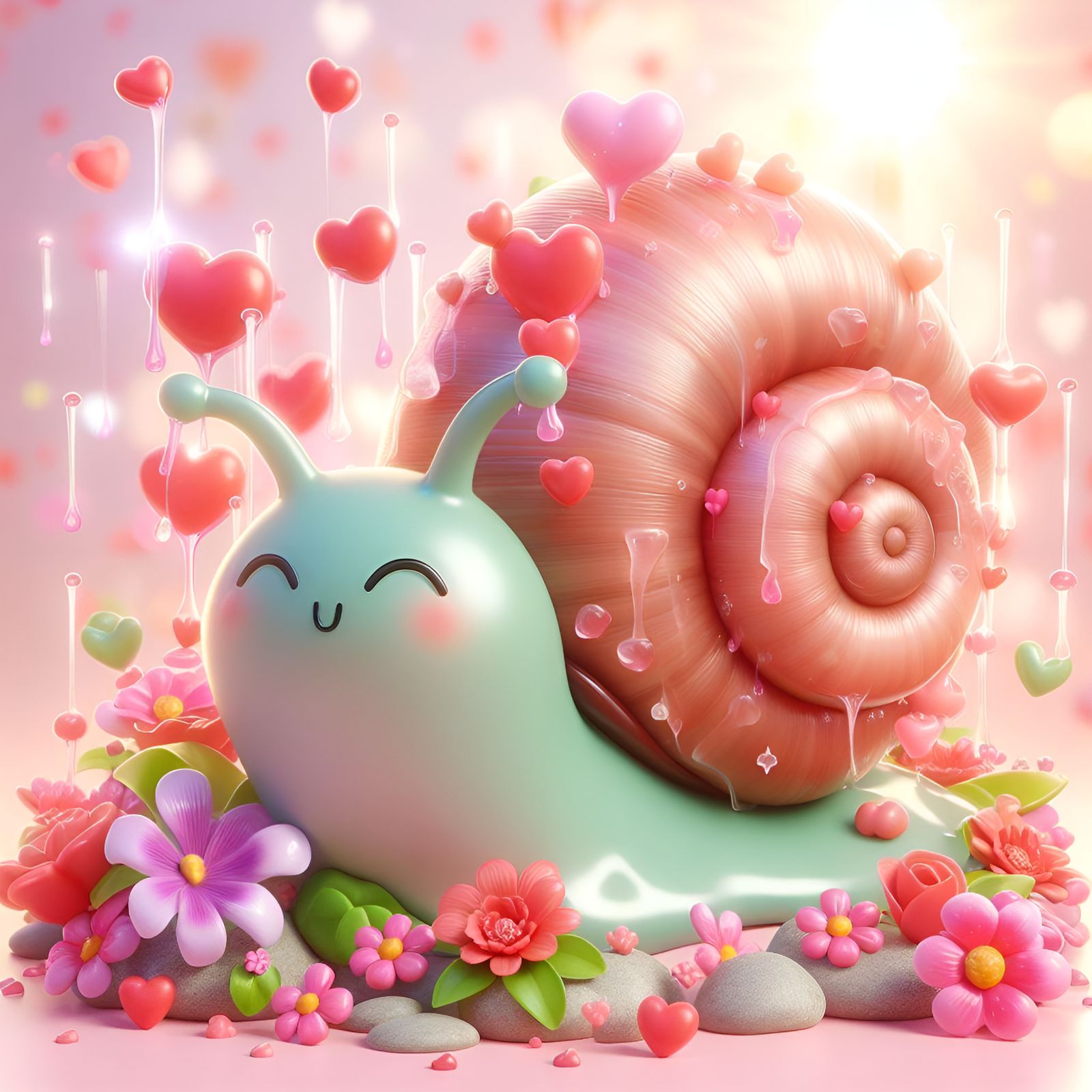 Adorable Cartoon Snail Surrounded by Hearts and Flowers