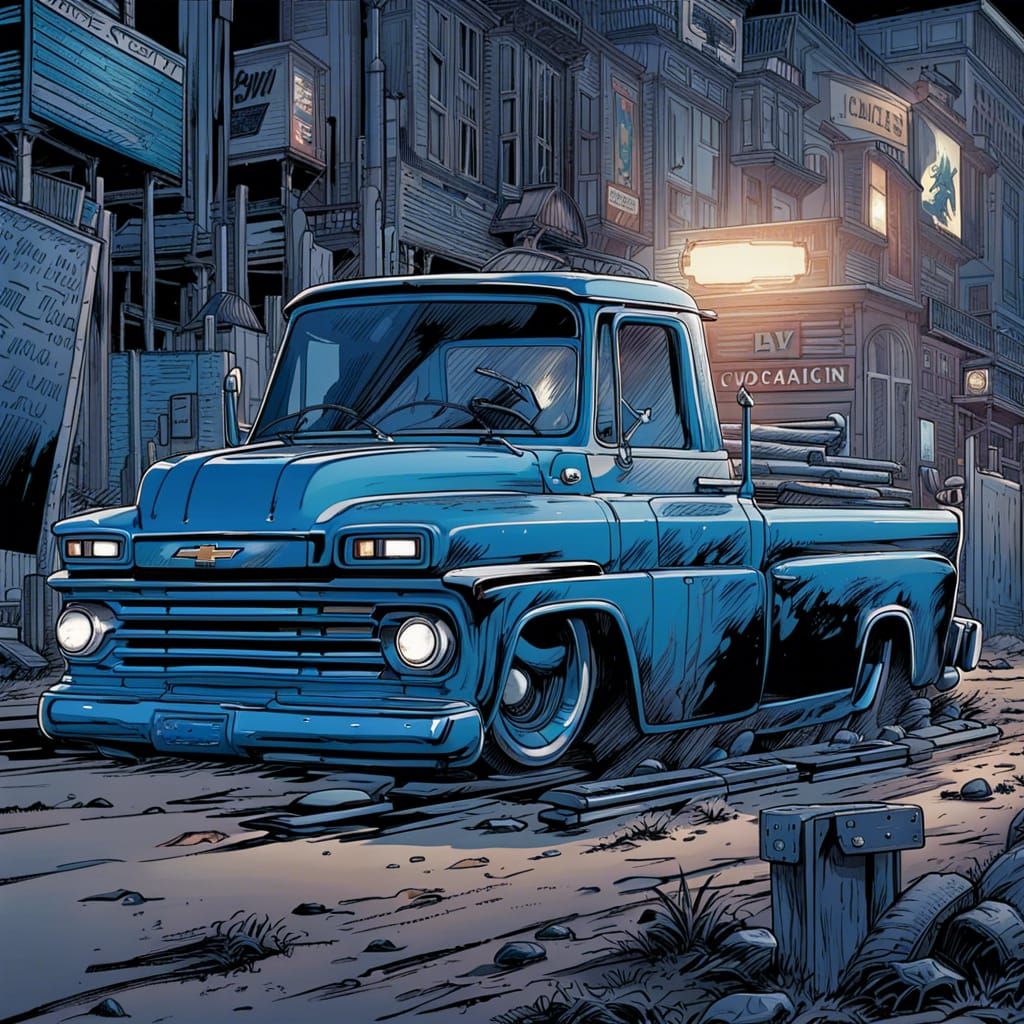 Blue Silverado in Comic Book Art Style