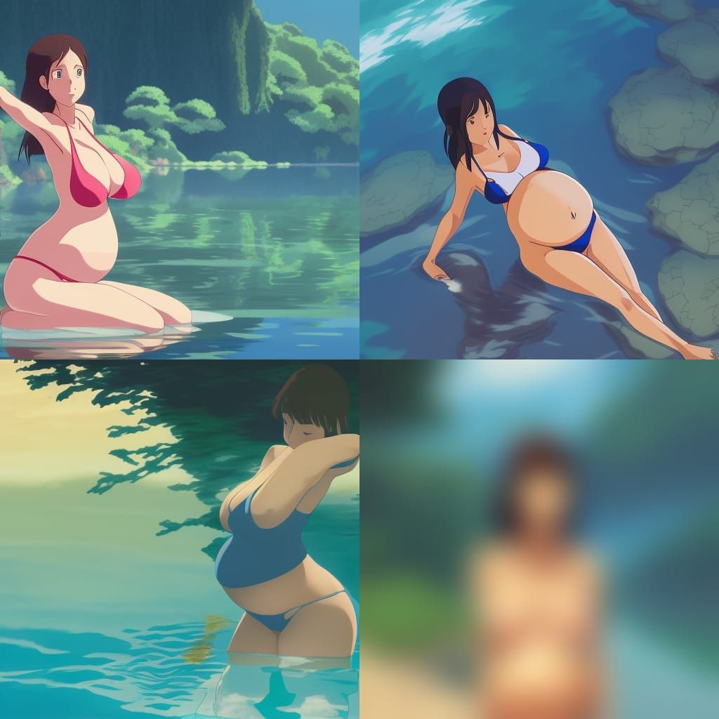 Pregnant Woman in Lake: Anime Style