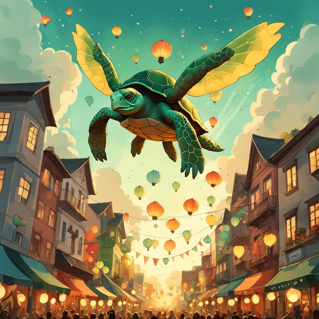 Giant Turtle Soars Over Vibrant Street Festival