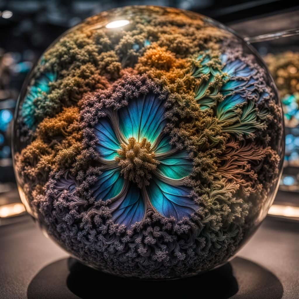 Iridescent Fossil in Display Case: Hyperrealistic HDR Image