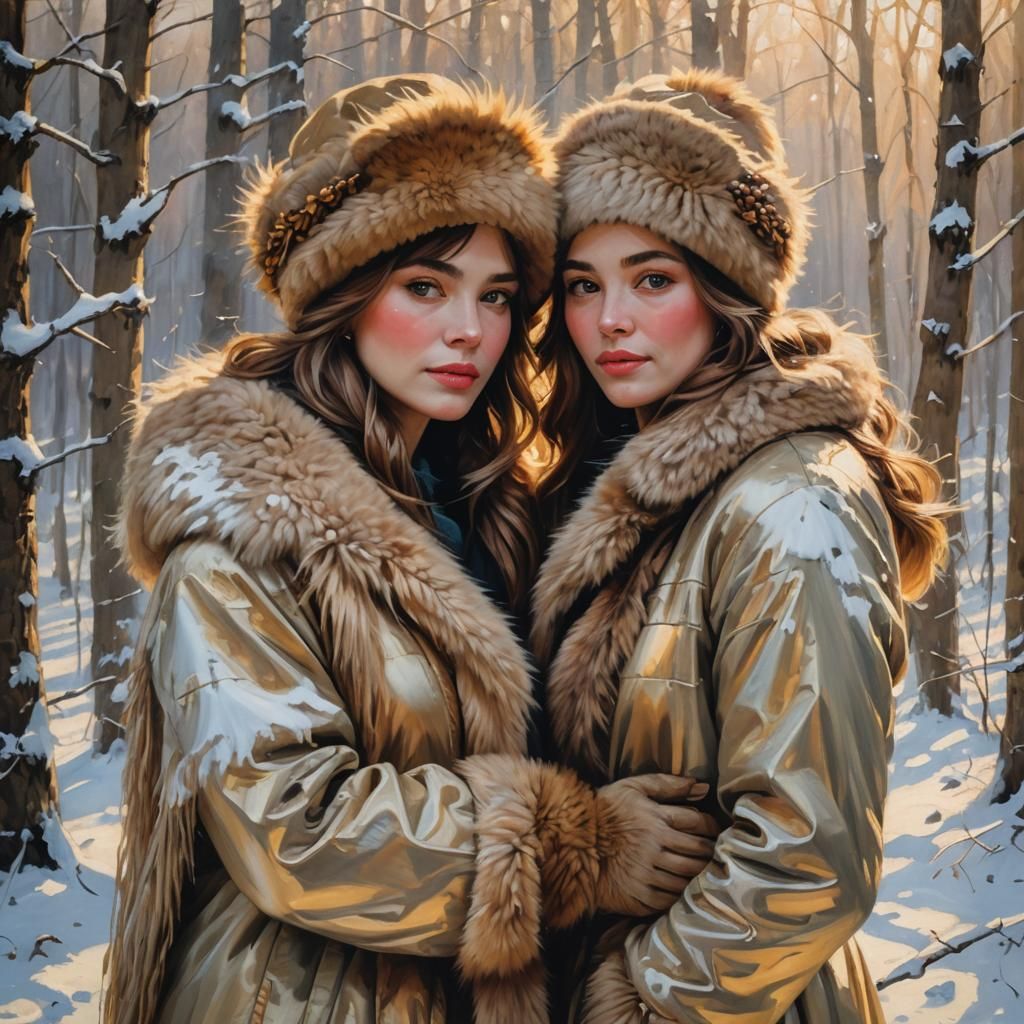 Women in Elegant Fur Coats Embrace in a Winter Wonderland