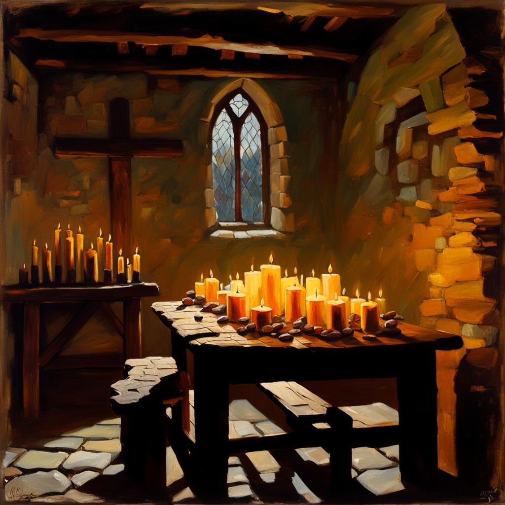 Votive Candles in Rustic Chapel as Oil Painting