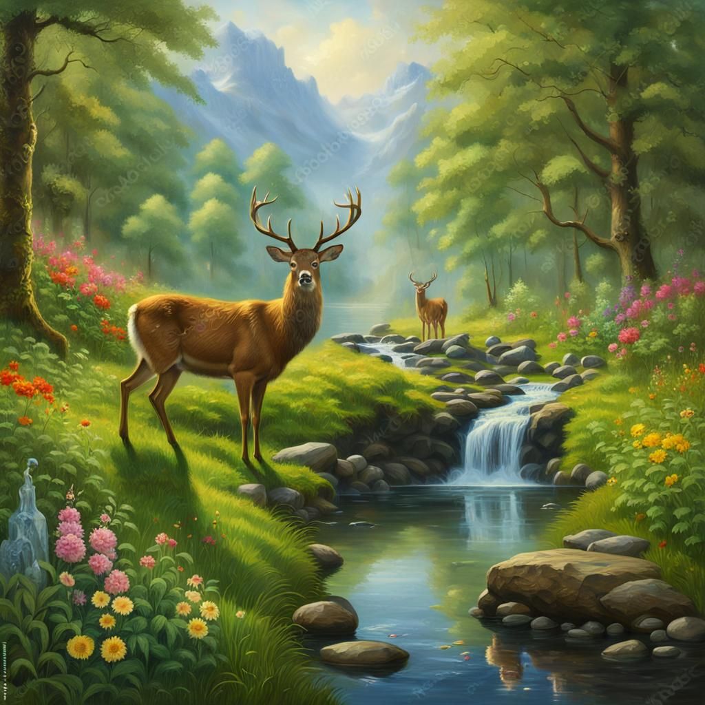 Norwegian Forest Stream with Deer: Oil Painting