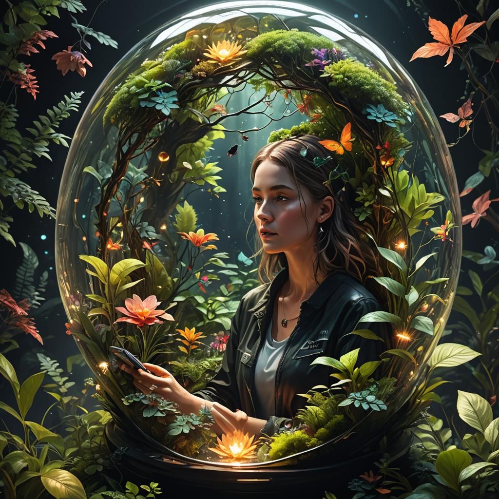 Fantasy Ecosystem Terrarium with Woman in Fractal Style