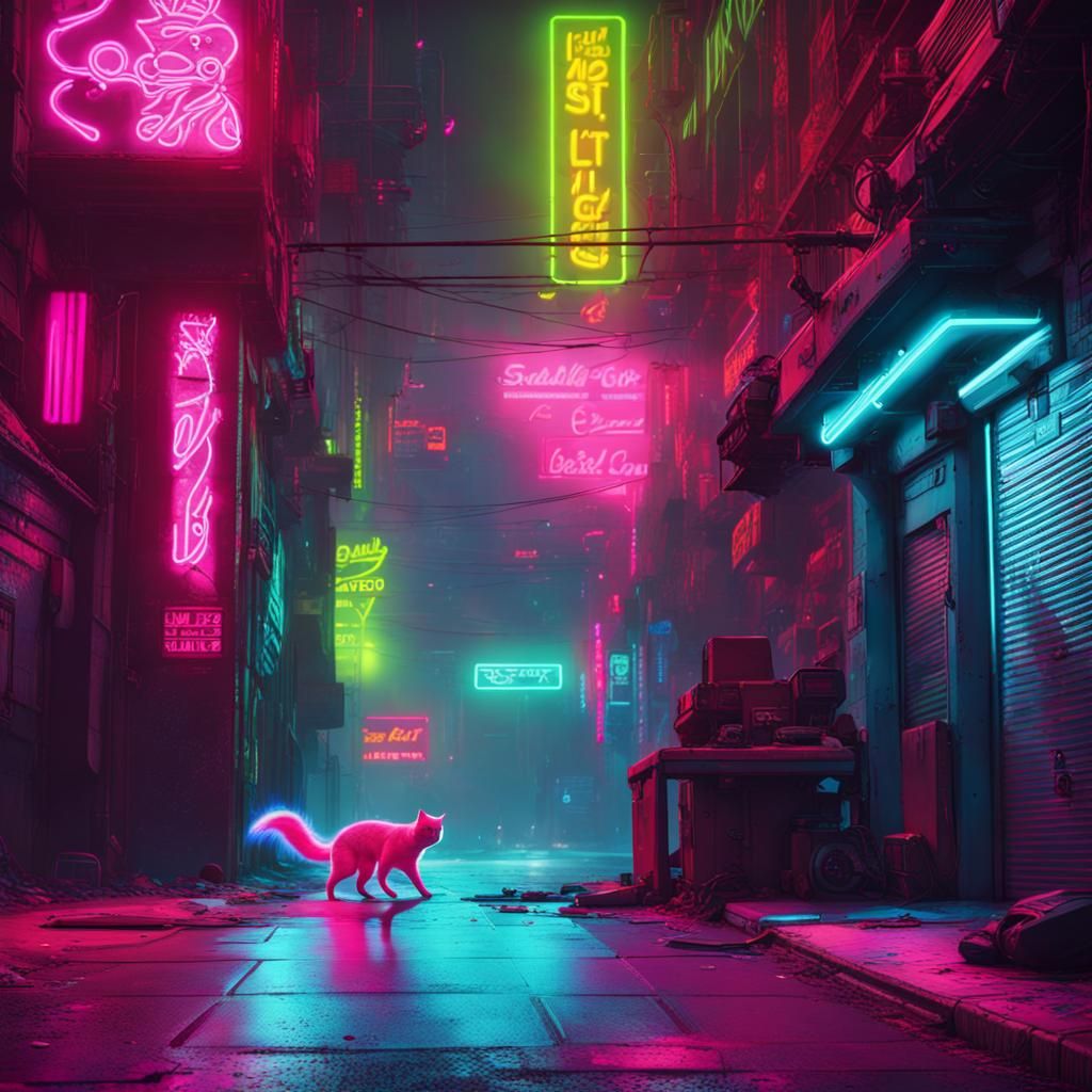 Neon Cat with Laser Gun in Cyberpunk Alley