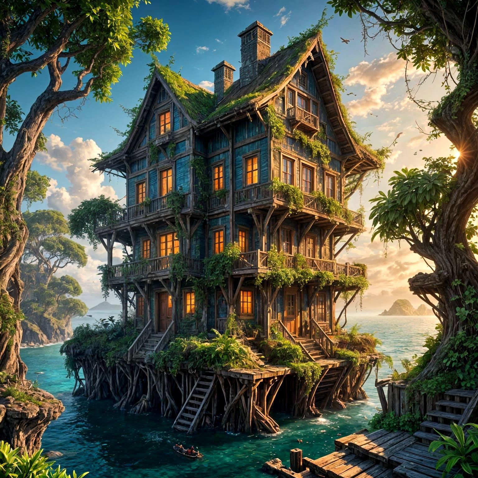 A multi-storey rickety old house on a tiny island in the middle of the ocean. detailed matte painting, deep color, fanta...