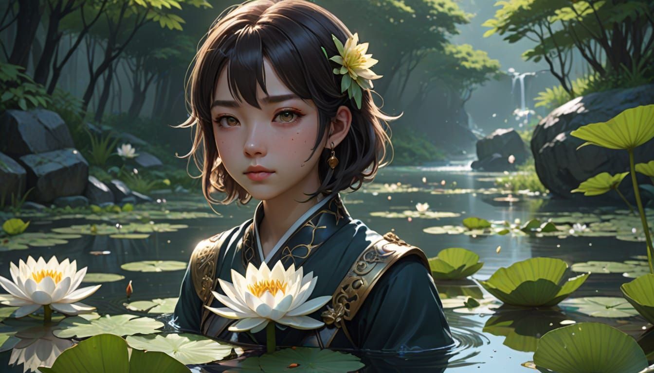 Woman in Water with Lily: Hyperrealistic 3D Anime Art