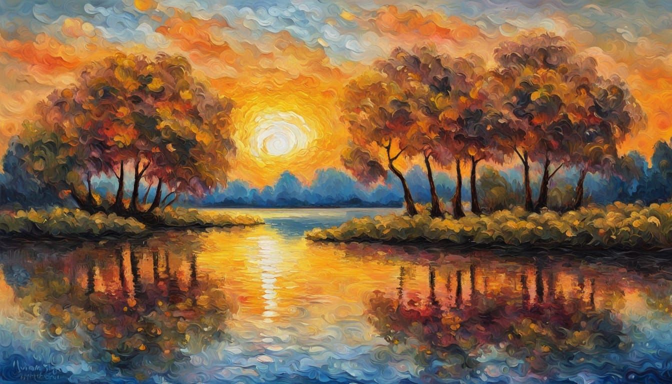 Romantic Lake Scene at Dawn in Neo-Impressionist Style