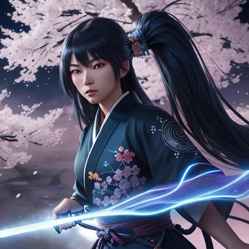 Anime Warrior with Katana under Cherry Blossoms