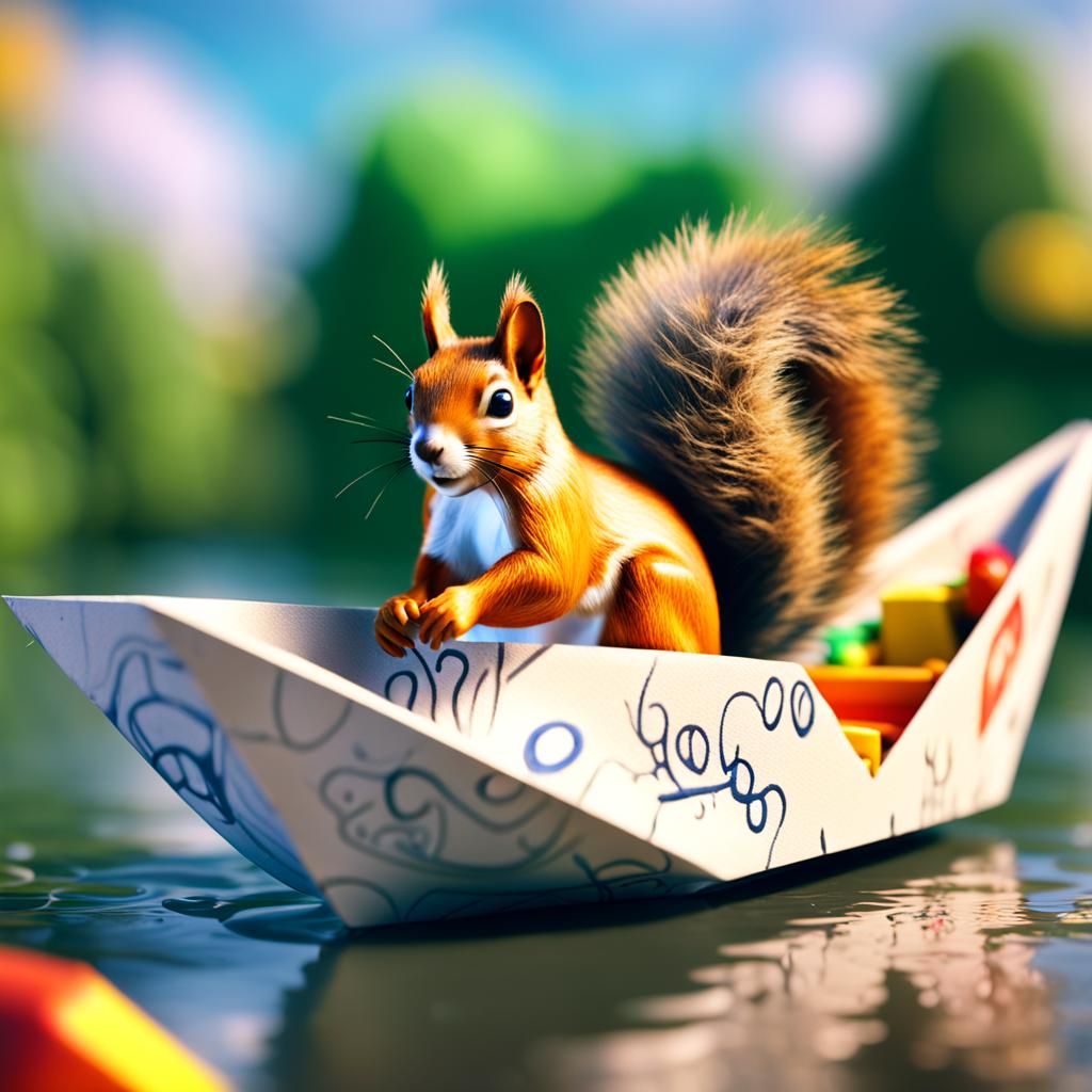 Squirrel in a Paper Boat in Pop Art Cinematic Style